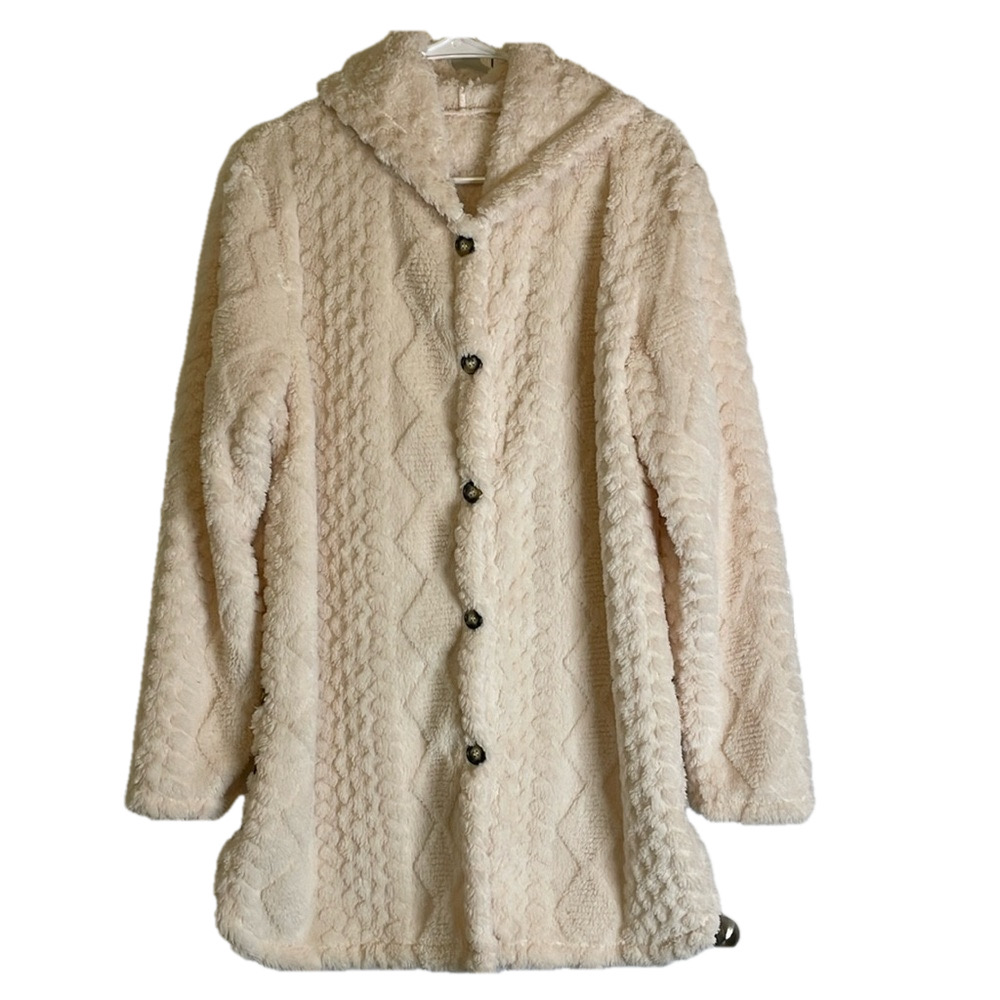 Cozy Hooded Button Up Polyester Fleece, Women’s Small, White/Cream
